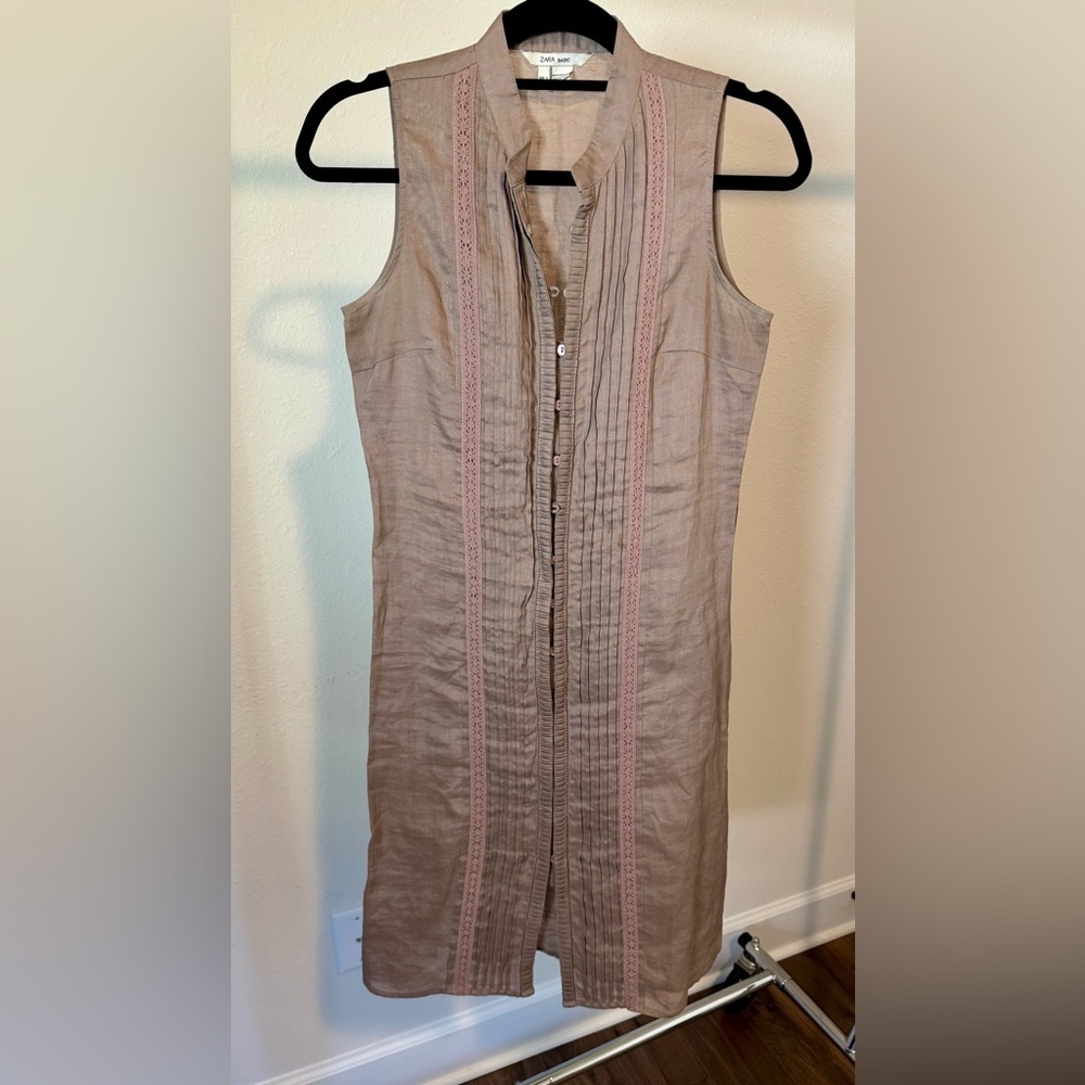 Zara Basic Elegant Tan Sleeveless Dress Small 100% Ramie